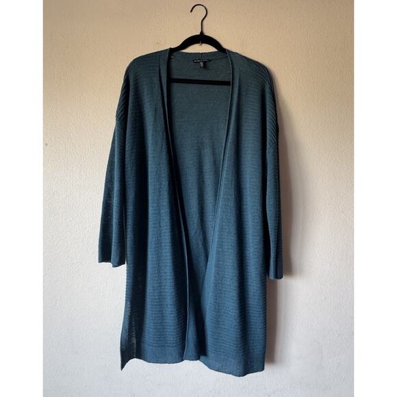 Eileen Fisher Linen Blend Knit Cardigan Women's Size Medium Open Front Teal - Picture 1 of 9